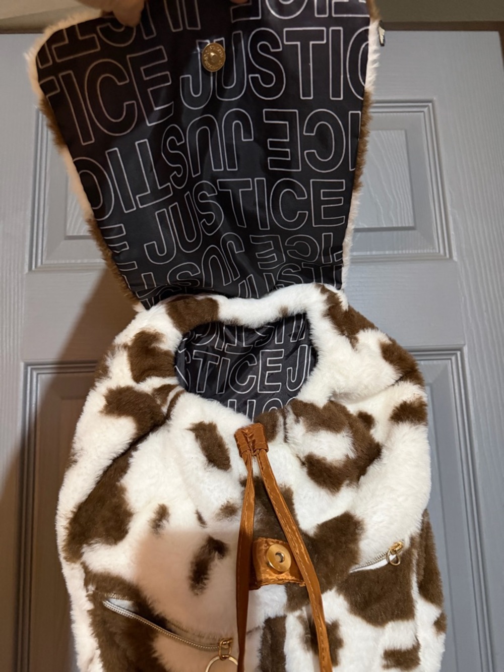 Justice Girls Faux Fur Cow Print Backpack Brown And White Sherpa Adjustable Stap - Picture 4 of 9